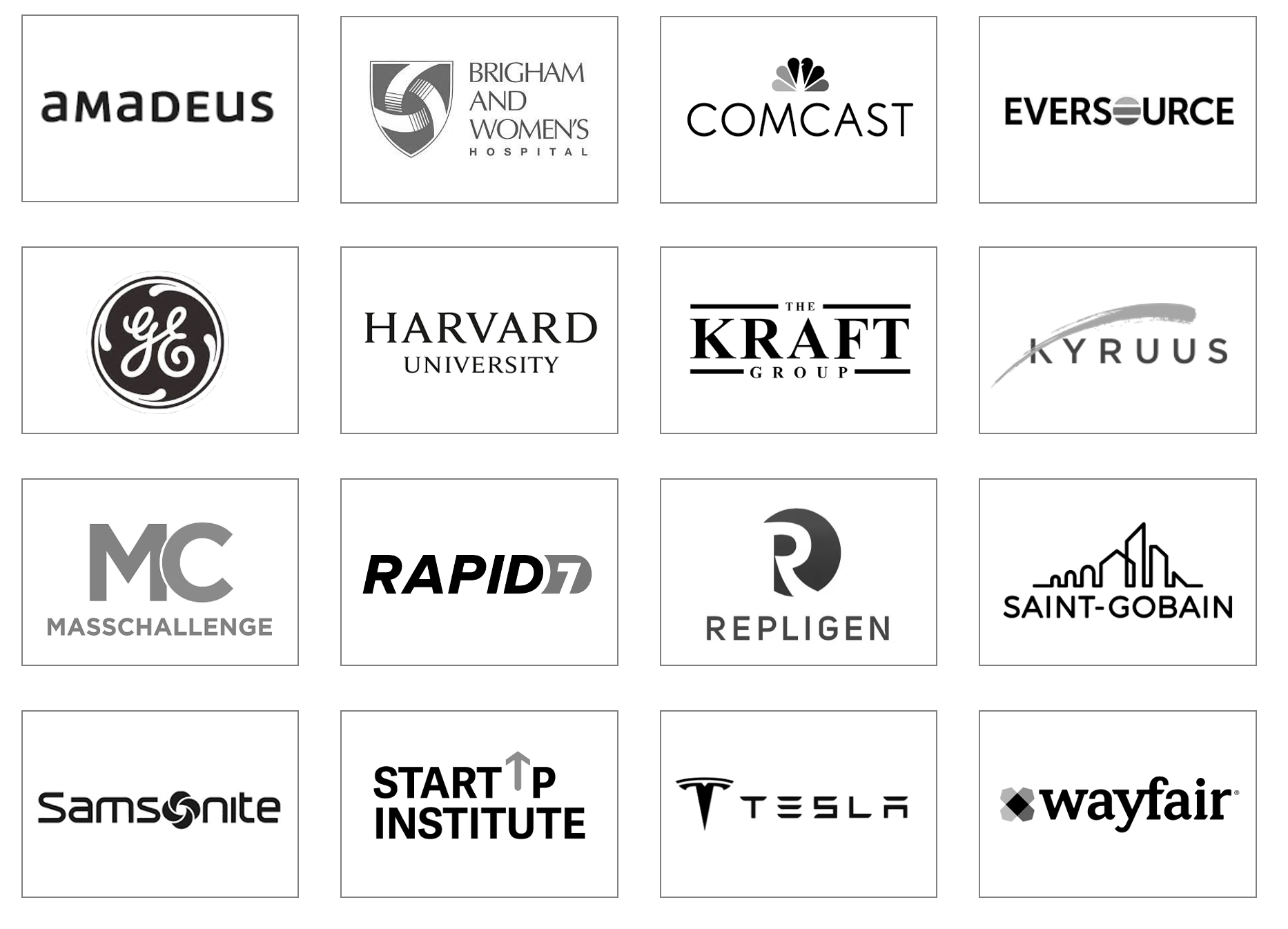 Client logos including GE, Comcast, Harvard, KPMG