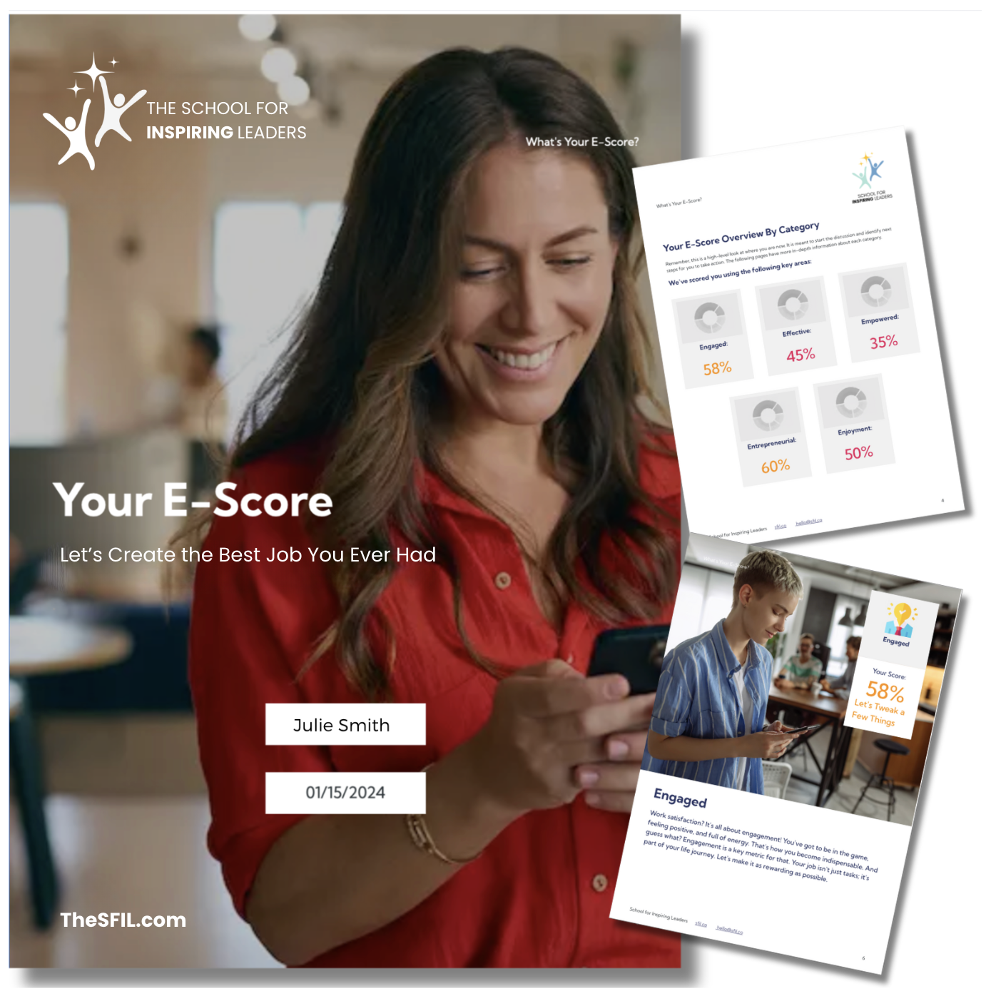 E-Score leadership skills report for an early-career startup professional, showing personal strengths and growth areas in communication, collaboration, and decision-making